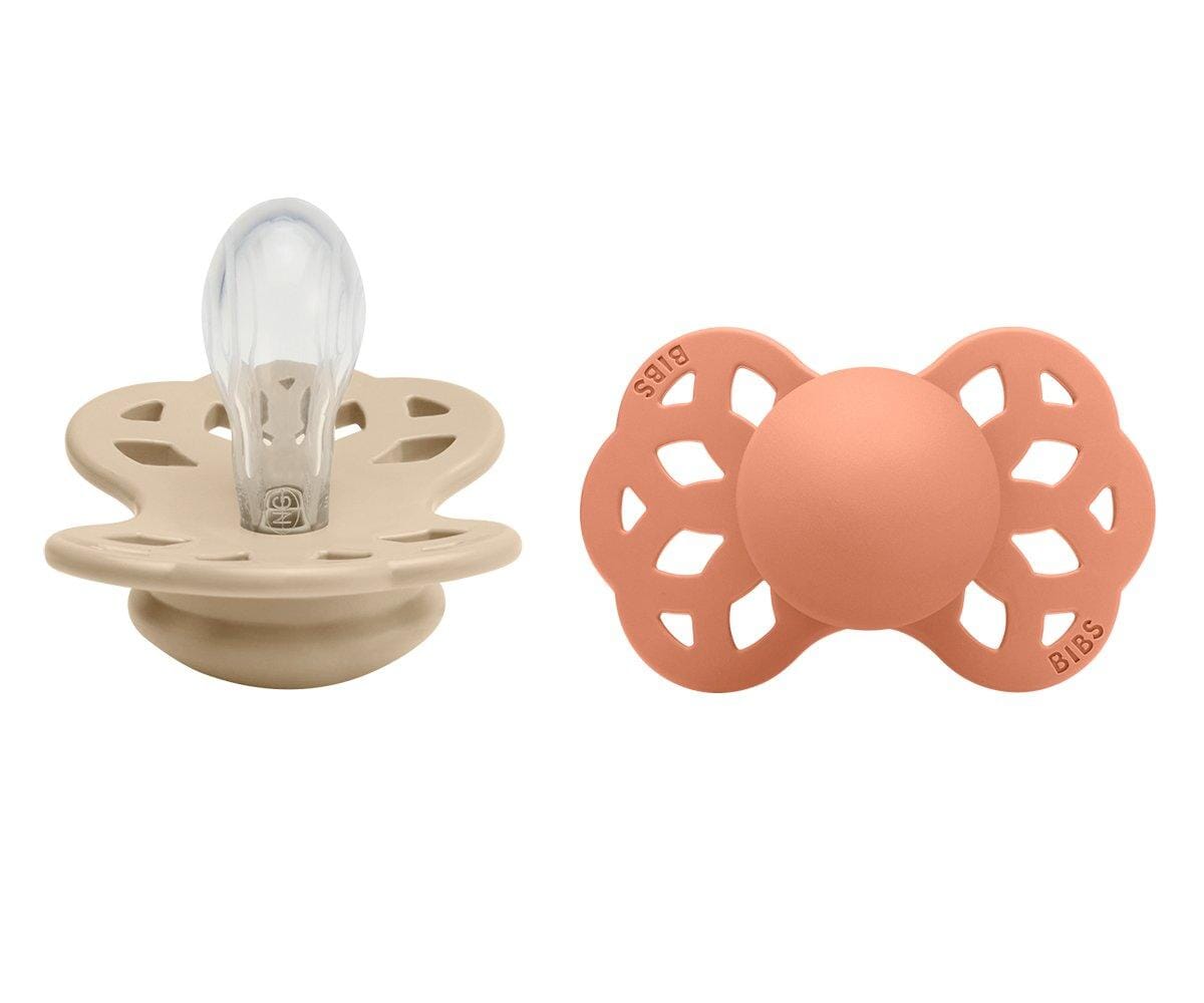 2 chupetas BIBS Infinity simétrica silicone vanilla | peach pacifier BIBS