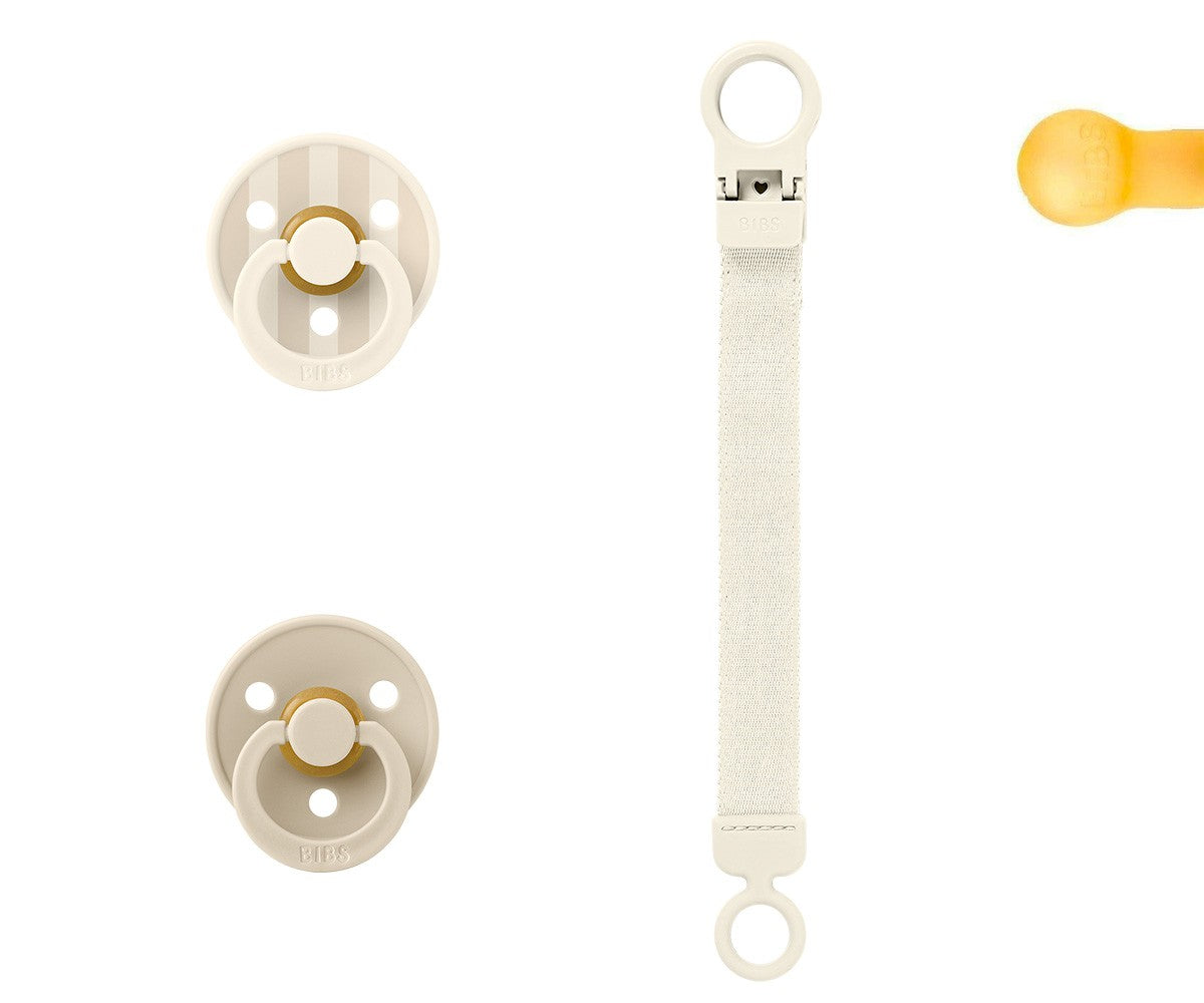 Conjunto 2 chupetas BIBS Colour + prende-chupeta ivory
