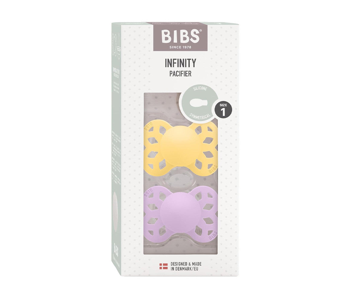 2 chupetas BIBS Infinity simétrica silicone pale butter | violet sky
