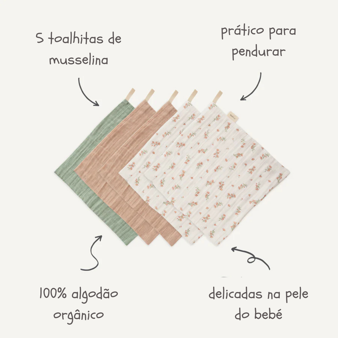 5 toalhas de musselina pink flowers 28 cm