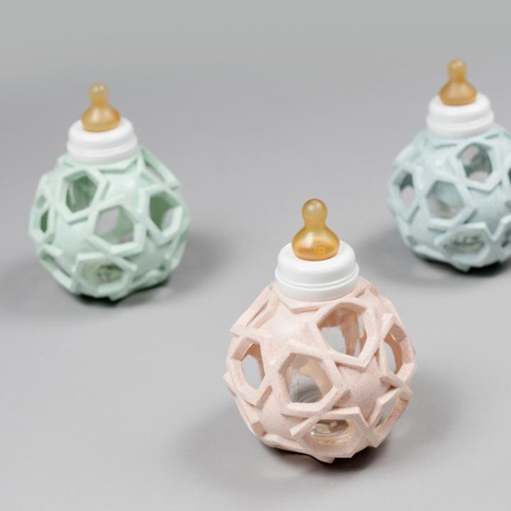 2 in 1 Baby glass bottle with Upcycled Star ball cover teether Hevea