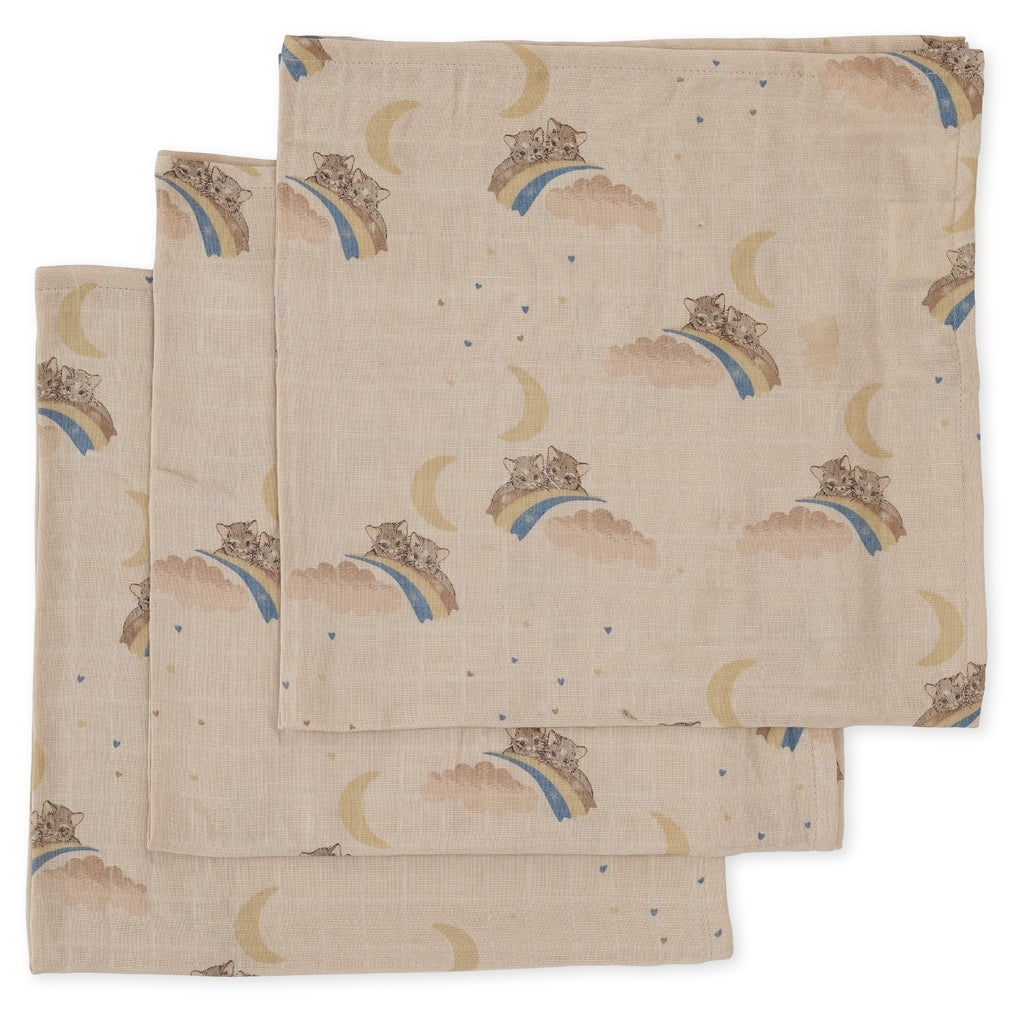 3 pack muslin cloth - rainbow kittie Konges sløjd Muslin Konges sløjd 