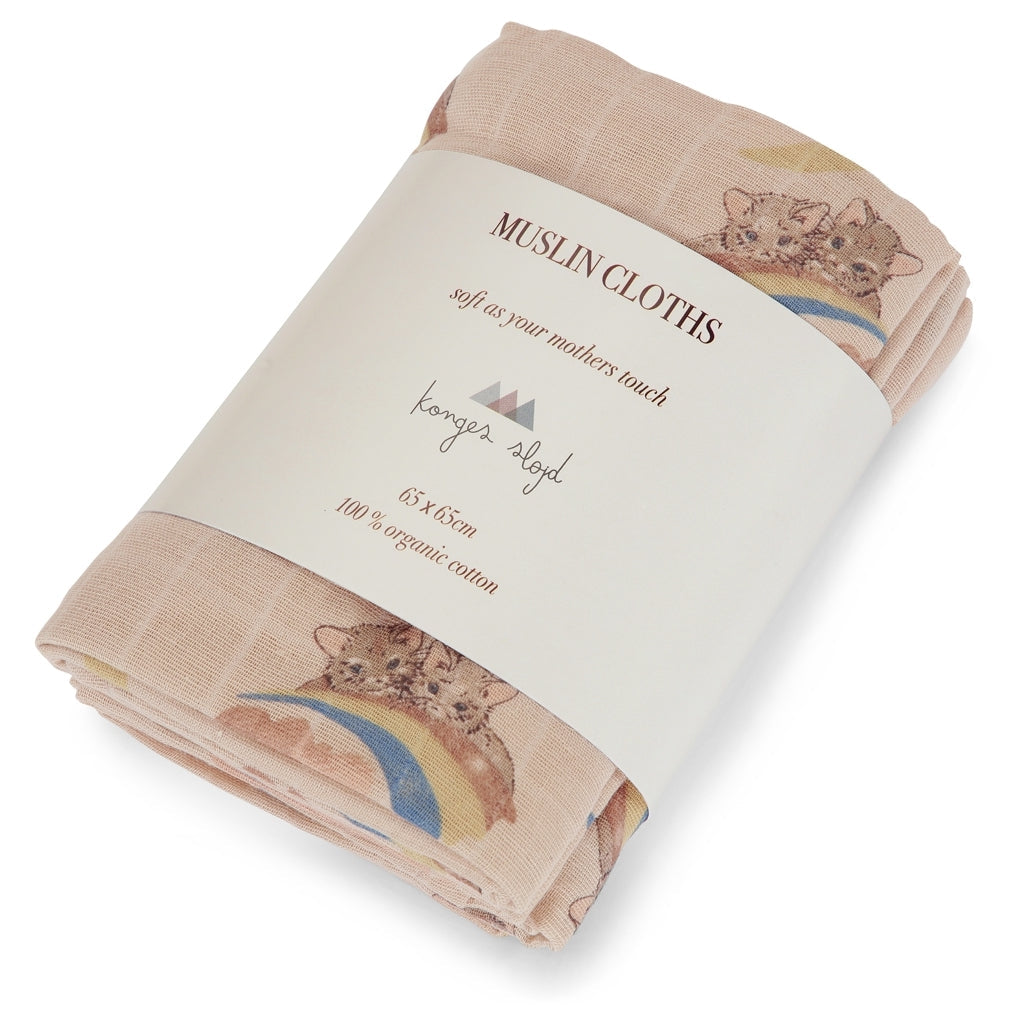 3 pack muslin cloth - rainbow kittie Konges sløjd Muslin Konges sløjd 