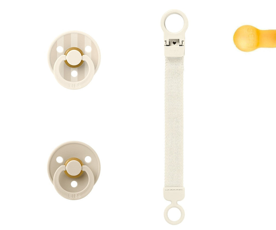 Conjunto 2 chupetas BIBS Colour + prende-chupeta ivory