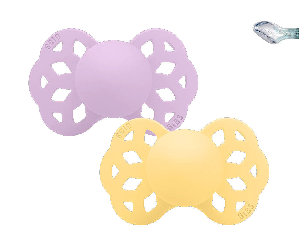 2 chupetas BIBS Infinity anatómica silicone pale butter | violet sky