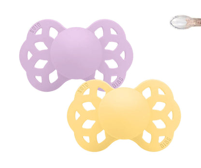 2 chupetas BIBS Infinity simétrica silicone pale butter | violet sky