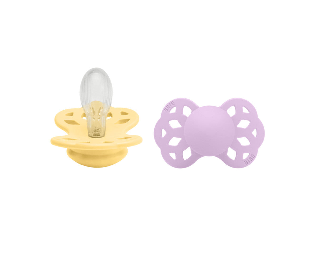 2 chupetas BIBS Infinity simétrica silicone pale butter | violet sky