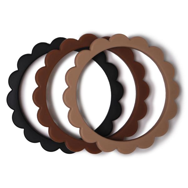 3 mordedores-pulseira Black/Natural/Caramel Teether mushie 